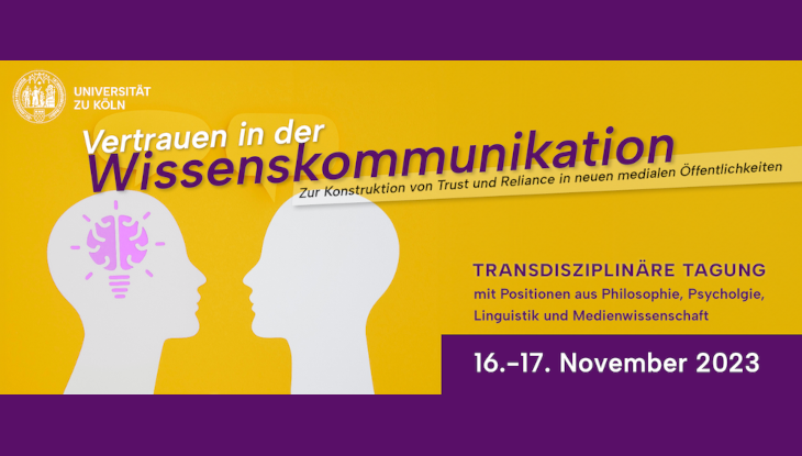 Illustration auf gelbem Hintergrund, 2 einander zugewandte Köpfe, Schriftzug "Vertrauen in der Wissenskommunikation", 16. und 17. November 2023